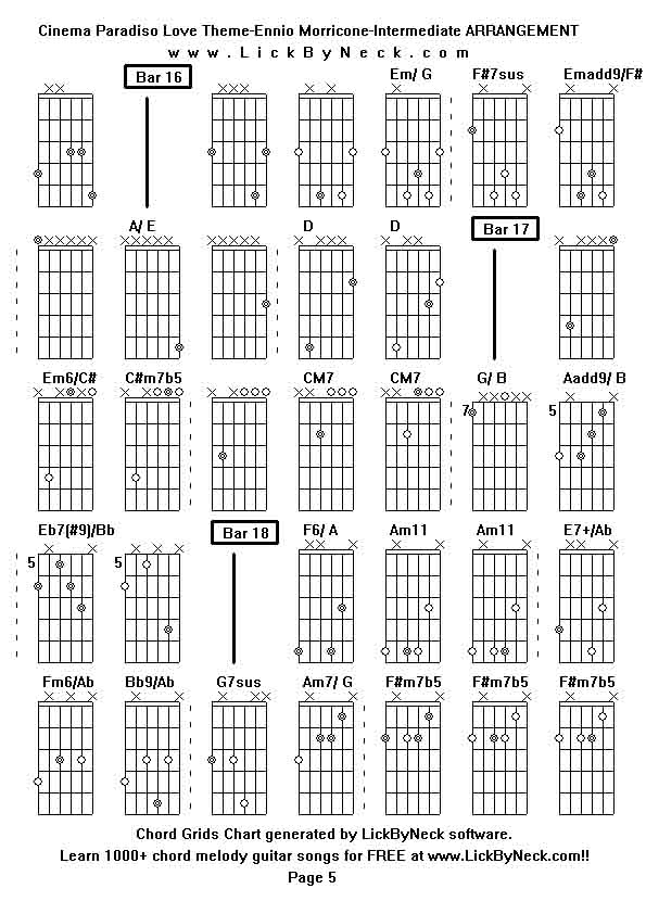 Chord Grids Chart of chord melody fingerstyle guitar song-Cinema Paradiso Love Theme-Ennio Morricone-Intermediate ARRANGEMENT,generated by LickByNeck software.